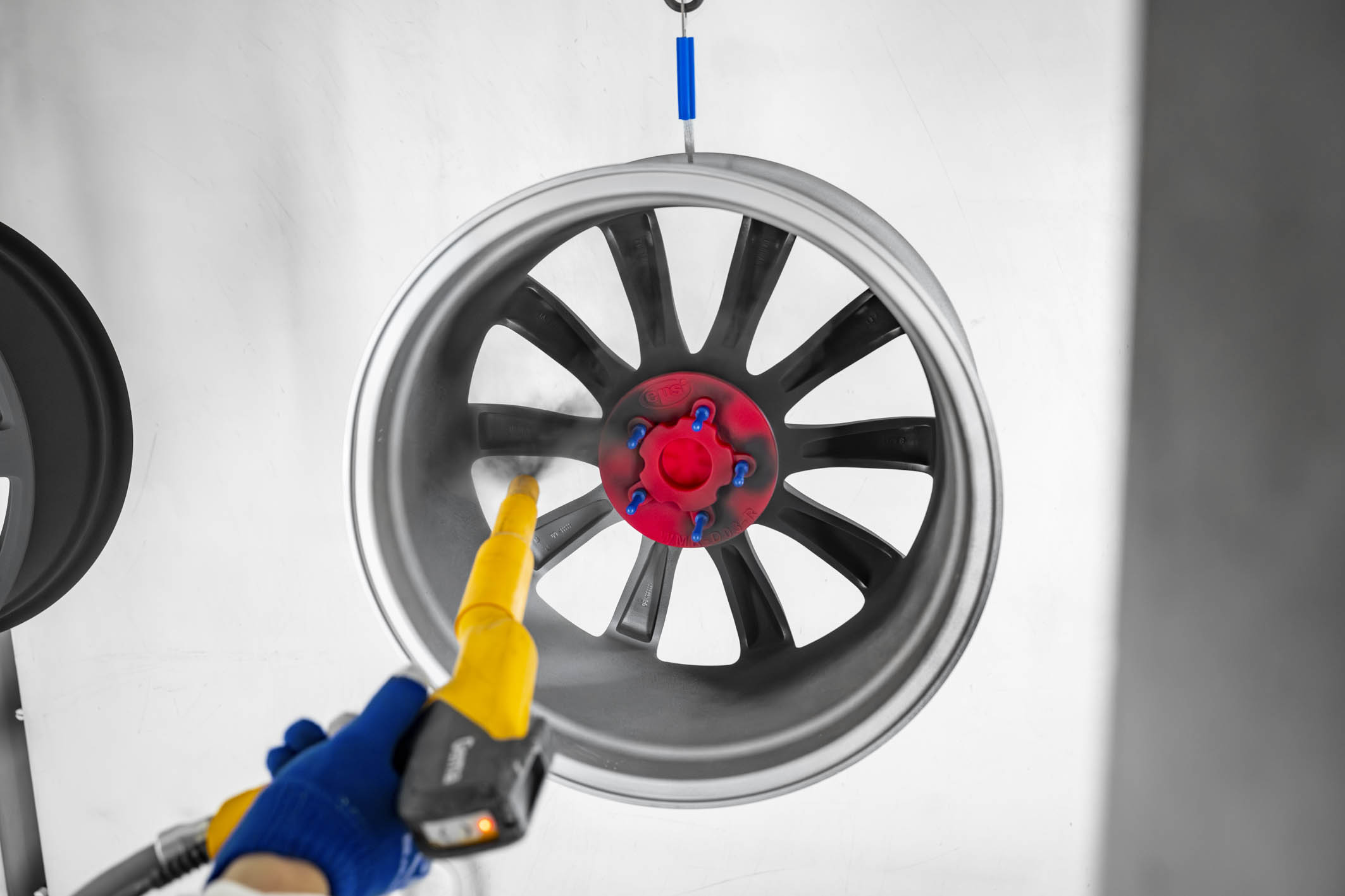 Wheel Masking Kit and hanging adapter during powder coating
